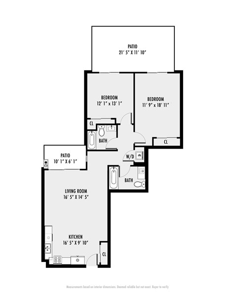 A floor plan of a house with a living room, kitchen, two bedrooms, a bathroom and a patio.